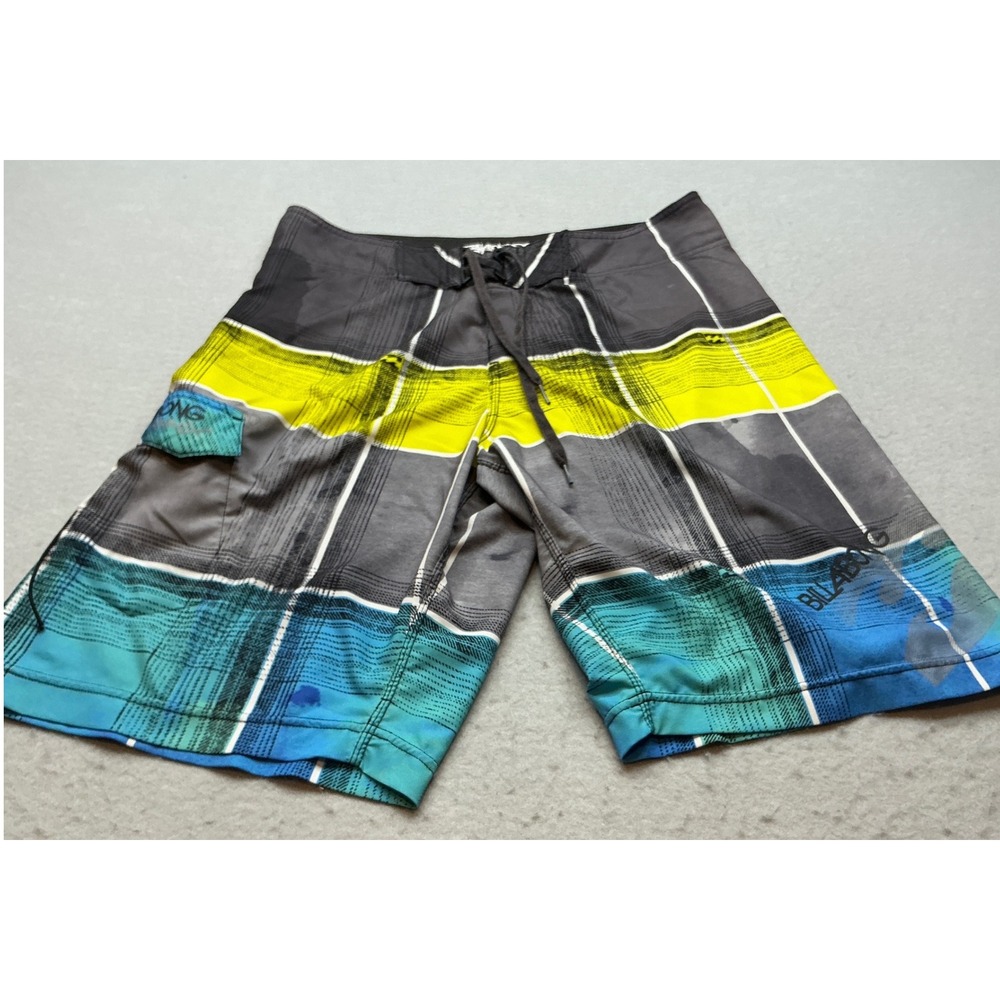 Billabong Platinum Quad Stretch Board Shorts Plaid Neon Yellow Blue Mens Size 33